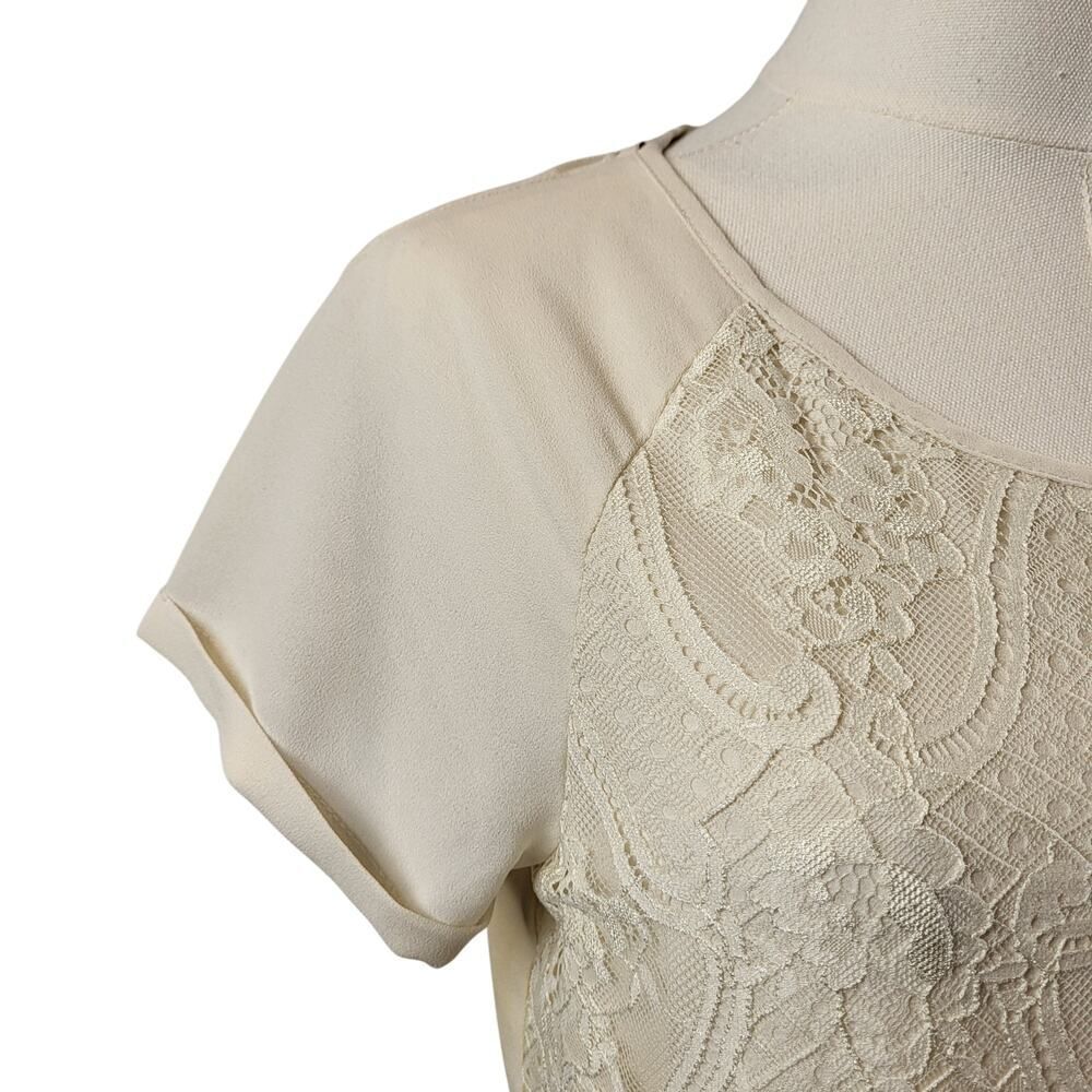 Rewind Medium Off-White Sheer Lace Blouse Peplum Short Sleeve Pullover Boho - Picture 7 of 16